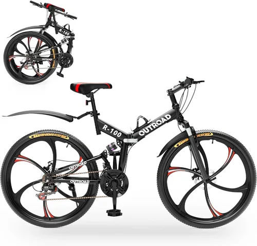 Outroad - Bicicleta de montaña plegable de 26 pulgadas, 21 velocidades, suspensión completa, bicicleta MTB de acero de alto carbono plegable, freno