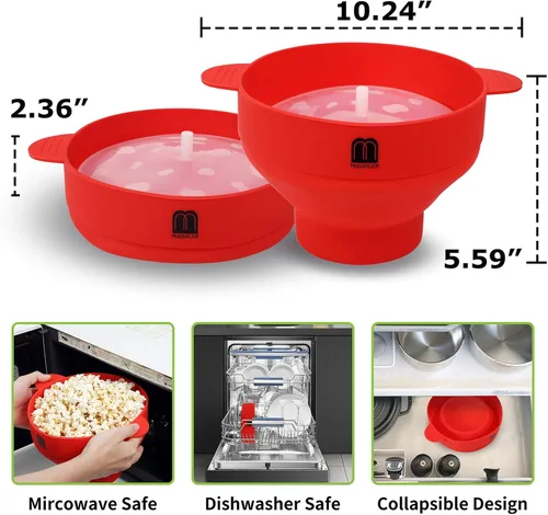 Vista 3 de MMUGOOLER - Máquina de palomitas de maíz de silicona para hacer palomitas de maíz para microondas, cuenco plegable con tapa, sin BPA y apto