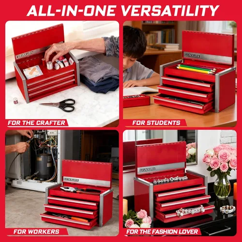 Vista 9 de Geinxurn Caja de herramientas roja rodante de 3 cajones, caja de herramientas apilable de acero resistente con cajones con cerradura, gabinete