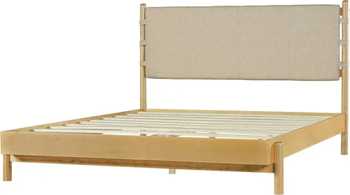 Vista 6 de Moderno juego de base de cama Queen con 2 mesitas de noche, cama de plataforma de madera beige con cabecero y mesitas de noche a juego
