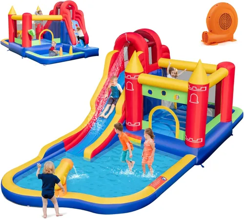 Vista 15 de HONEY JOY Tobogán acuático inflable, casa de rebote de tobogán acuático 9 en 1 con piscina de salpicaduras, tobogán largo, pozo de bolas con 50