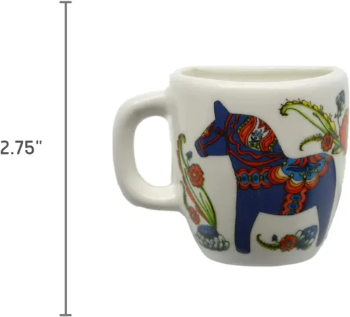 Vista 2 de Imán decorativo de cerámica de la taza del caballo de Dala azul con temática sueca de 2,25 pulgadas ScandinavianGiftOutlet