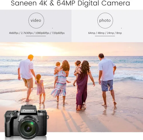 Vista 2 de Saneen Cámara digital, cámaras 4K para fotografía y video, cámara de vlogging con pantalla táctil WiFi de 64 MP para YouTube con Flash, tarjeta