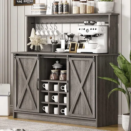 Vista 16 de 4ever2buy Barra de café de granja con gabinete, gabinete de buffet de 31 pulgadas con puerta corrediza de granero, armario de barra de Gris
