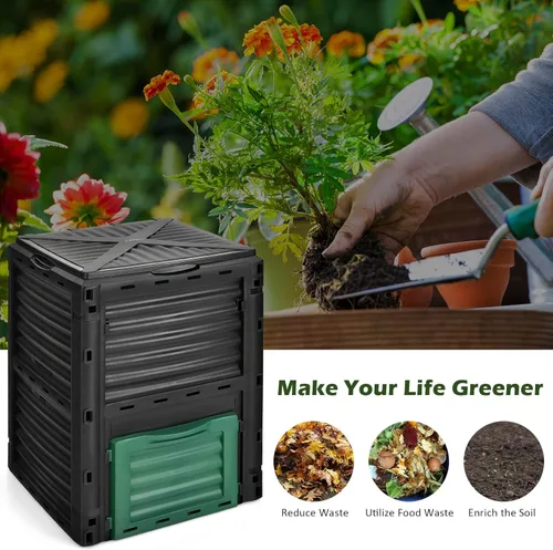 Vista 8 de Happygrill Contenedor de compostaje para exteriores, caja de compostaje con tapa superior con pestillo, compostador de 80 galones para desechos