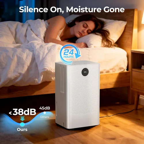 Vista 3 de Electactic Deshumidificador de 25 pintas para dormitorio, baño, sótano, silencioso de 38 dB, control de humedad preciso, 3 modos, manguera