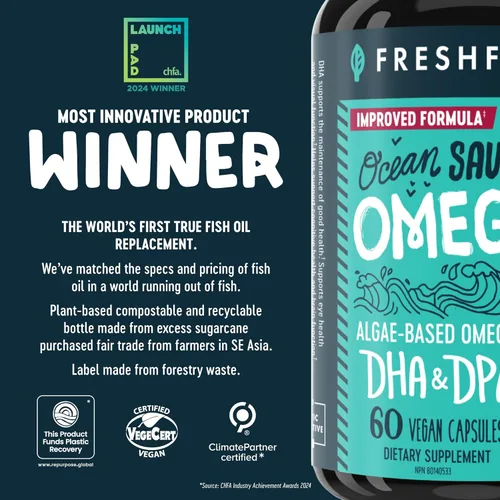 Vista 3 de Freshfield Omega 3, Suplementos de DHA, Fórmula potente 1 por día, Aceite de algas (algas), Omega vegano, aceite de pescado para ahorro de océano
