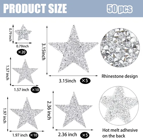 Vista 2 de 50 piezas de 5 tamaños de parches de estrellas para planchar en apliques de diamantes de imitación para ropa, jeans, reparación de bricolaje