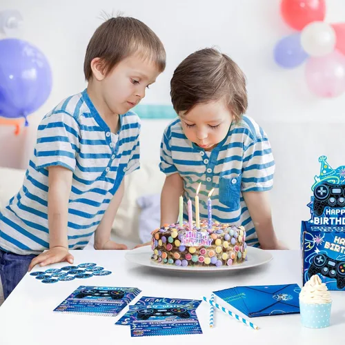 Vista 7 de WERNNSAI Invitación para Fiesta de Videojuego - Juego de 24 Tarjetas de Cumpleaños de Juego Azules para Llenar con Sobres y Adhesivo para Niños