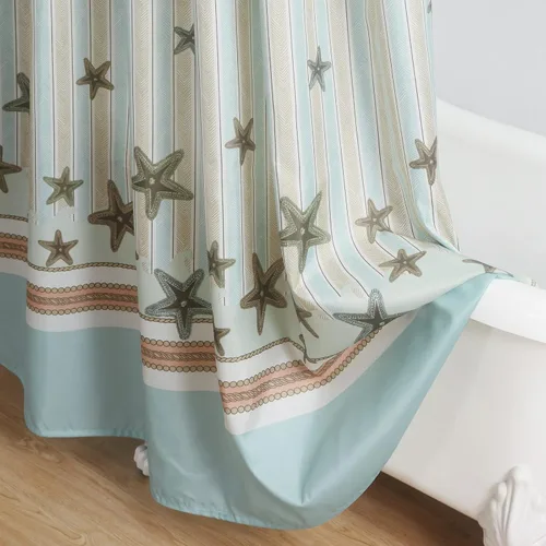 Vista 6 de Cortina de ducha Tremiti Aqua Starfish de poliéster, cortinas impermeables para baño con rayas verdes impresas, 72" x 78" extralarga