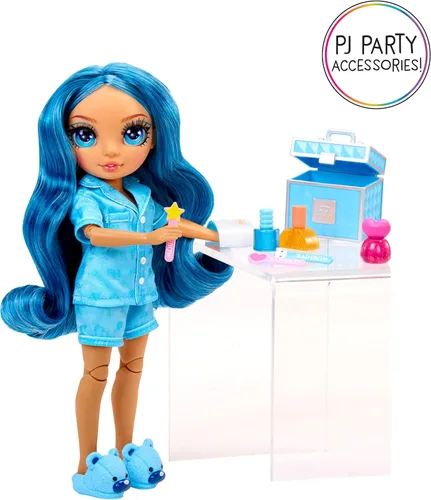 Vista 5 de Rainbow High Jr High PJ Party - Skyler, Muñeca de moda posable azul de 9" con enterizo suave, pantuflas, accesorios de juego divertidos, gran
