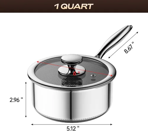 Vista 6 de Cacerola de acero inoxidable de 1 cuarto de galón con tapa de vidrio, sartén antiadherente híbrida de 6 pulgadas, sin PFAS PFOA PTFE, mango que se