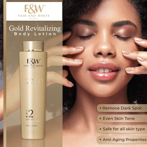 Vista 2 de FAIR & WHITE 2: Loción corporal revitalizante Gold 16.9 fl oz / 17.6 onzas líquidas con aceite de argán, vitamina E y manteca de karité
