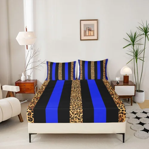 Vista 5 de Manfei Leopard Print Fitted Sheet Twin Size,Blue Brown Black Stripes Bedding Set 2pcs,Wild Animal Cheetah Skin Bed Sheets with 1 Pillowcase,Kids