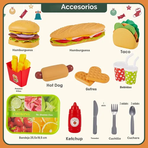 Vista 5 de BUYGER Juguetes de Comida Rápida de Juguete para Niños Pequeños Niños Accesorios de Cocina de Juguete Conjunto de Juego Juguetes de Comida