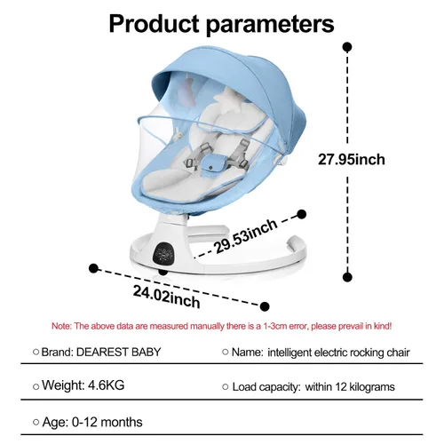 Vista 9 de Cuna con columpio para bebé 3 en 1 multifuncional, portátil con control remoto, cinturón de seguridad de 5 puntos, 5 balanceos automáticos