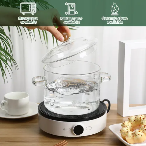 Vista 9 de ERINGOGO Cacerola de vidrio con tapa, olla de cocina de 64 onzas con tapa y asa, olla de sopa transparente, utensilios de cocina de vidrio