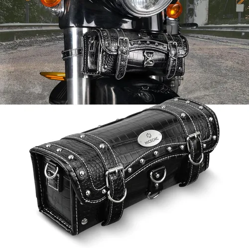 Vista 14 de NICECNC Bolsa de Horquilla para Motocicleta Bolsa de Manillar, Estilo Vintage de Cuero PU con Remaches de Estrella Estilo Rock Líneas Clásicas
