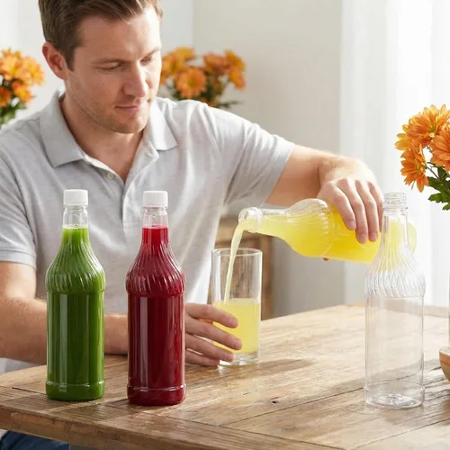 Vista 5 de Noamus Paquete de 8 botellas de refresco de plástico de 33 onzas con tapas, contenedor de jugo de PET transparente vacío reutilizable de 1 litro