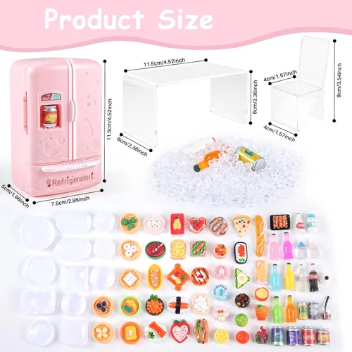 Vista 4 de 95 piezas de refrigerador de casa de muñecas en miniatura, mini nevera, mesa, coche de comedor, juguete con juego de comida, muebles de cocina