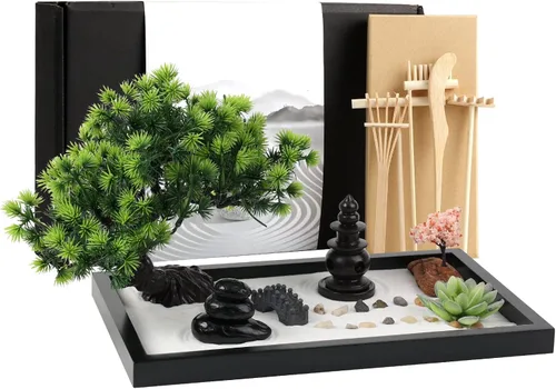Kit de jardín zen para decoración de escritorio - Juego de caja de arena mini japonés premium y hermoso para el hogar, oficina con bandeja de madera