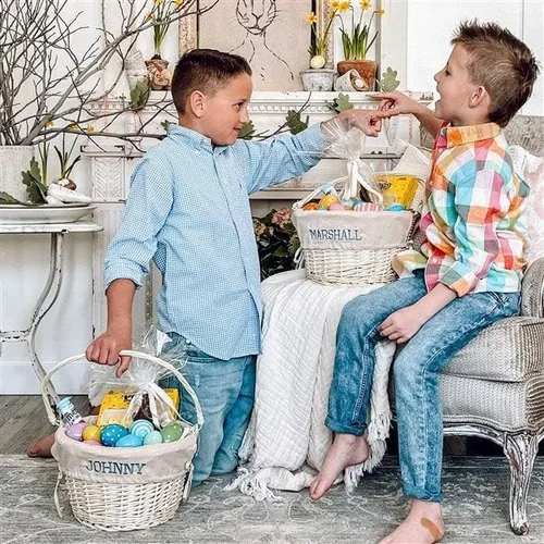 Vista 7 de Personalization Universe Cesta de Pascua de sauce tejida a mano personalizada con mango plegable, primera Pascua, búsqueda de huevos, diseño