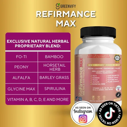 Vista 4 de ReFirmanceMax Suplemento para el crecimiento del cabello, 60 cápsulas, con biotina 5000mcg, vitaminas B12, calcio, palma enana americana, suministro