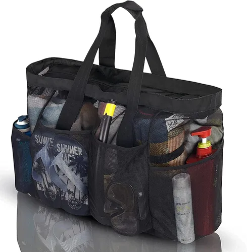 Vista 2 de Bolsa de playa extra grande, bolsa de malla XL con cremallera y bolsillos, ideal para tu viaje familiar a la playa