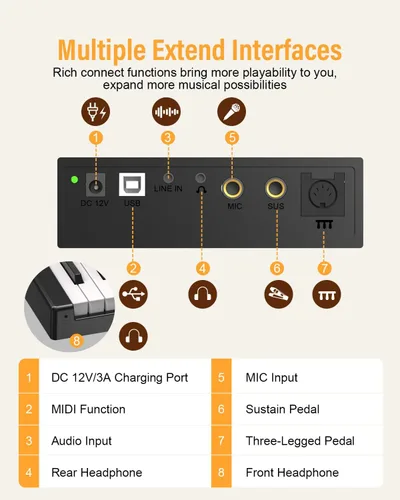 Vista 5 de Teclado de Piano Plegable Mejorado, Teclado Semi Pesado de 88 Teclas de Tamaño Completo con Soporte para MIDI y Bluetooth, Teclado de Piano Plegable