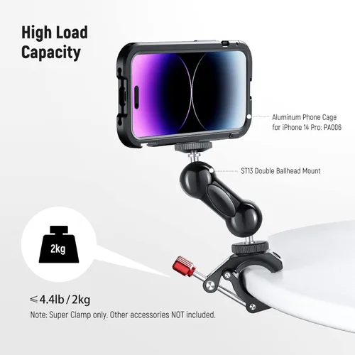 Vista 6 de NEEWER Super Clamp con zapata fría y orificios de rosca de 1/4 de pulgada y 3/8 pulgadas, carga máxima de 8.8 lbs, soporte de trípode de cámara