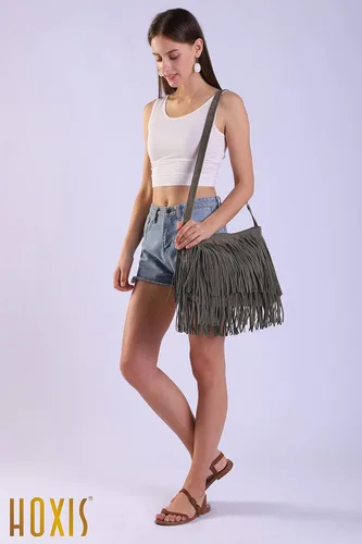 Vista 3 de HOXIS Bolso bandolera de cuero de ante sintético con borla para mujer