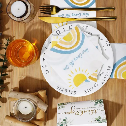 Vista 4 de Fulmoon 100 servilletas de decoración de baby shower con texto en inglés «Here Comes the Son» (Here Comes the Son), servilletas desechables