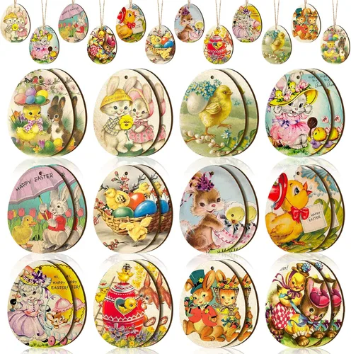 Marsui 24 piezas de adornos colgantes de madera de Pascua vintage retro para árbol, huevo, conejo, pollito, rebanadas de madera con cuerda para