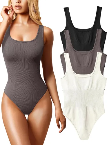 Vista 18 de OQQ Body de 3 piezas para mujer, sexy, acanalado, sin mangas, cuello cuadrado, camiseta sin mangas, leotardo, trajes de moda 2025 negro azul blanco