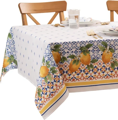 Vista 2 de Elrene Home Fashions Capri Lemon - Mantel de tela mediterránea con doble borde, rectangular, 60 x 144 pulgadas