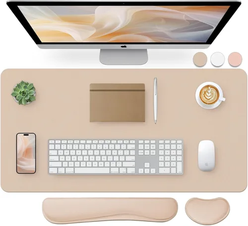 Vista 9 de Bloss Tapete de escritorio beige de 23.6 x 13.8 pulgadas, tapete de escritorio para escritorio, alfombrilla de mouse de cuero grande impermeable