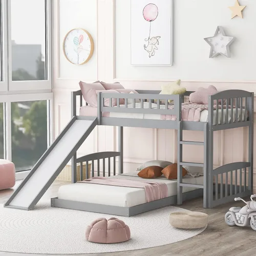 Vista 9 de Harper & Bright Designs Cama baja de tamaño individual con tobogán y escalera, cama alta junior para niños, cama alta de madera individual