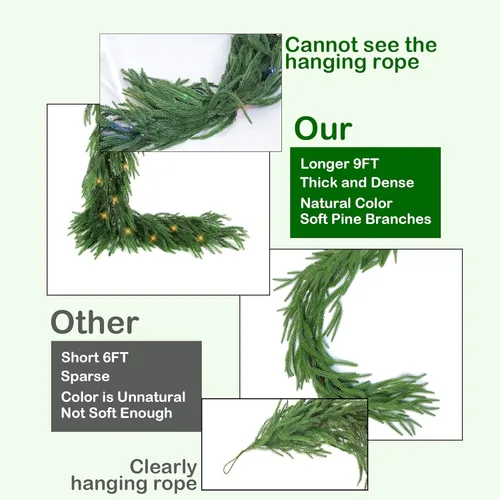 Vista 3 de TW SHINE Guirnalda de Navidad preiluminada de 9 pies con luces, 50 guirnaldas de pino Norfolk artificiales iluminadas LED, decoraciones de Navidad