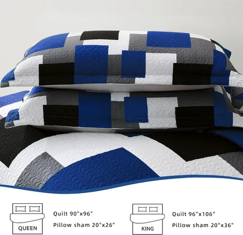 Vista 7 de Tyrot Juego de edredón de 2 piezas, color azul, blanco y gris, tamaño individual, juego de ropa de cama reversible geométrico negro y blanco, colcha
