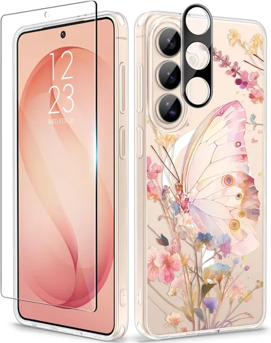 Vista 94 de GVIEWIN Funda protectora para Samsung Galaxy S25, transparente floral, delgada, a prueba de golpes, para mujer, no se pone amarilla, con protector