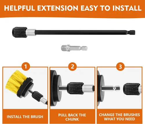 Vista 8 de Accesorios para cepillos de taladro, 20 almohadillas de limpieza y cepillo de esponja con varilla larga extendida multiusos para lechada, superficie