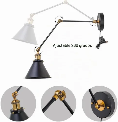 Vista 3 de Apliques de pared de iluminación, enchufe o cableado, lámpara de pared ajustable con brazo oscilante negro con acabado de latón antiguo