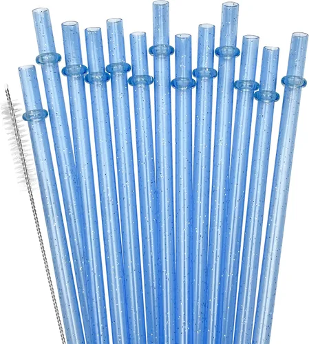 Vista 14 de Paquete de 24 pajitas de plástico reutilizables con purpurina, vaso duro de 11 pulgadas de largo con cepillo de limpieza, apto para lavavajillas