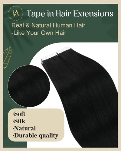 Vista 2 de Ugeat Extensiones de cabello humano con cinta invisible, extensiones de cabello negro azabache, fáciles de aplicar, 12 pulgadas, 20 unidades, 1.06 oz