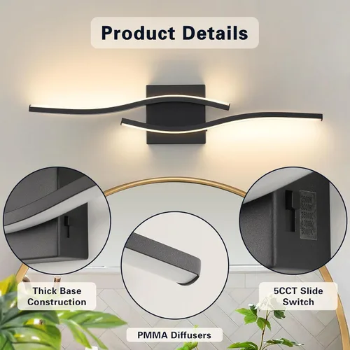 Vista 8 de Joossnwell Lámpara de tocador para baño, accesorios de iluminación sobre espejo, negro, regulable, 5CCT, accesorio de iluminación de tocador, luces