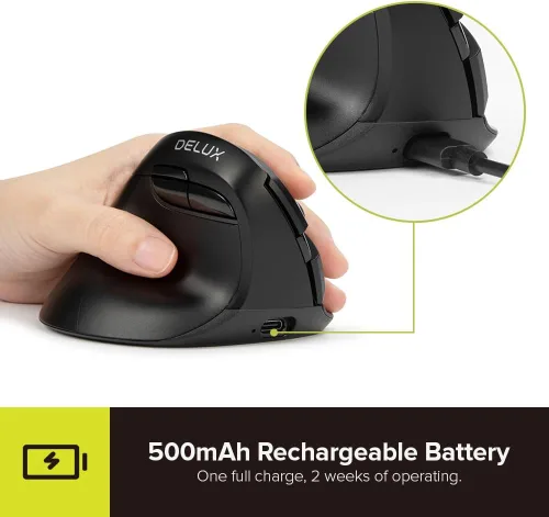 Vista 6 de DELUX Ratón ergonómico para zurdos, mini mouse vertical inalámbrico, mouse ergonómico de clic silencioso, hasta 4000 DPI, 6 botones, recargable