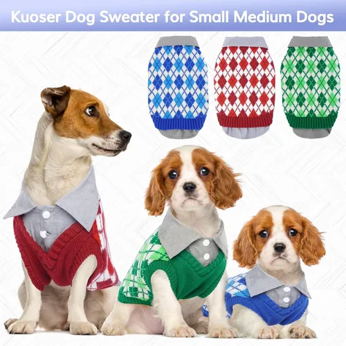 Vista 5 de Kuoser Suéter a cuadros para perro con agujero para arnés, diseño de polo, suéter de punto para cachorros, suéter de otoño e invierno para perros
