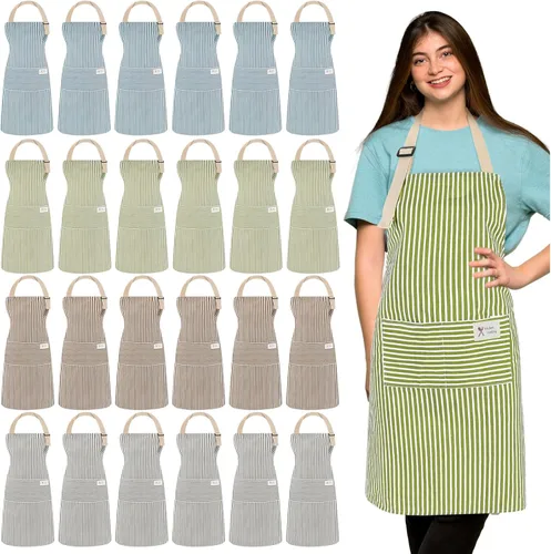 Vista 15 de Janmercy 24 delantales para mujeres y hombres con 2 bolsillos, delantal de cocina de lino, delantal ajustable para chef, delantales a granel unisex