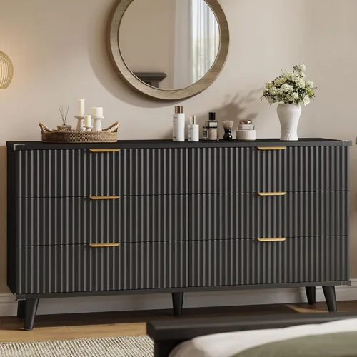 Vista 15 de Lulive Moderno juego de tocador y mesita de noche de 3 piezas, cómoda de 6 cajones + 2 mesitas de noche con patas de madera maciza (roble natural)