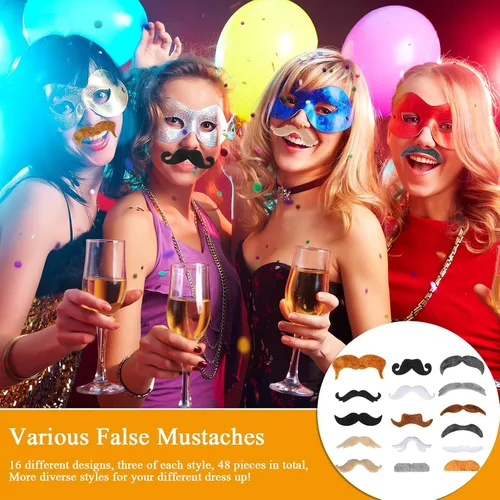Vista 6 de 48 piezas de bigotes falsos, autoadhesivos, novedosos bigotes, fiesta de máscaras, suministros para fiesta de disfraces de Halloween